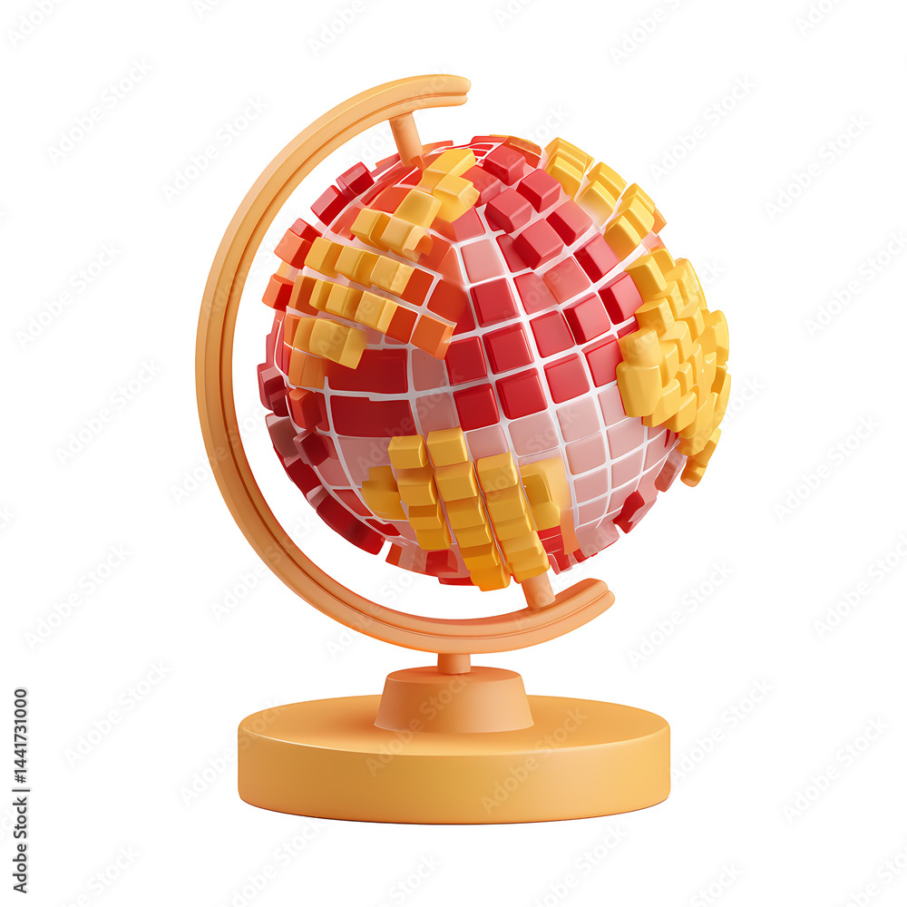 Poster abstract 3d render of a modern globe with red and orange blocks