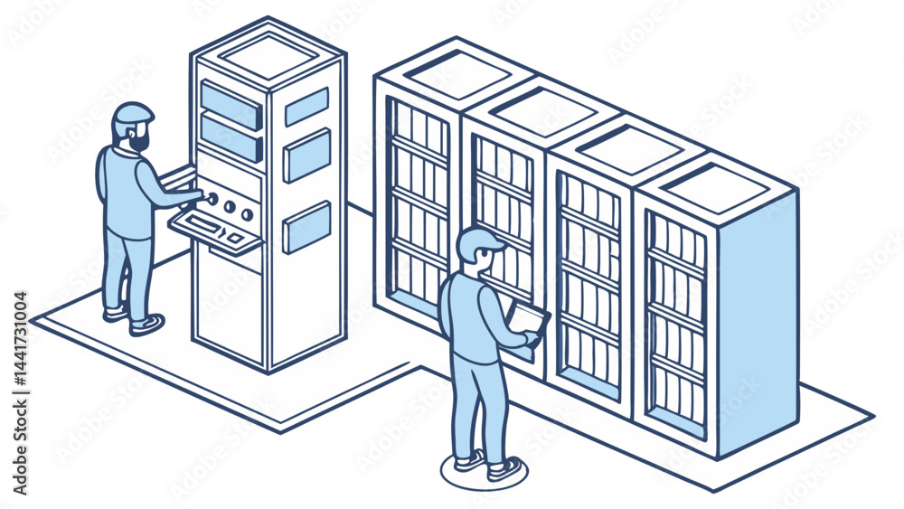 Poster isometric illustration depicting two workers in a server room with control panel and data storage un
