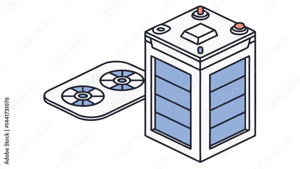 Poster isometric illustration of a tall rectangular structure with windows and a control panel nearby