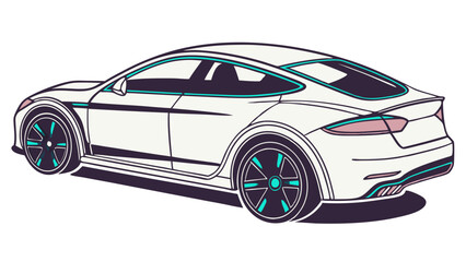 Illustration of a white sports car with teal accents viewed from the rear three quarter perspective