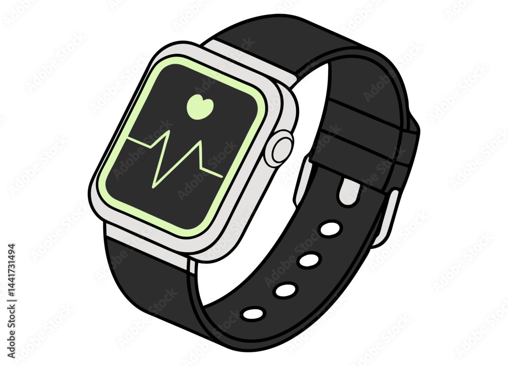 Poster illustration of a smartwatch with a black band and a screen displaying a heart rate monitor graph