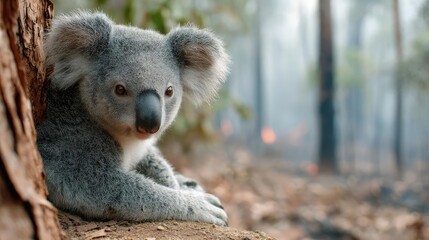 Naklejka premium Double exposure koala with burning jungle in tropical animal concept. A koala sitting on a tree in a forest setting, serene and calm.