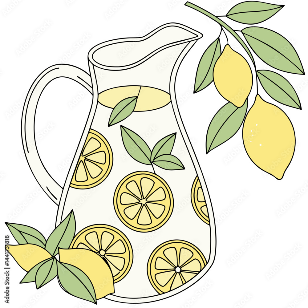Poster a pitcher of lemonade with lemon slice patterns and lemons on a branch with green leaves art