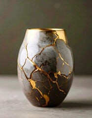Grey and Gold Cracked Ceramic Vase