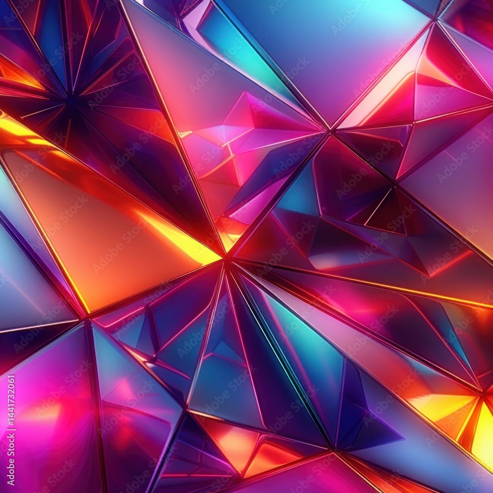 Poster Vibrant abstract geometric composition with sharp angular facets reflecting multicolored light in shades of purple, orange, blue, and pink creating a dynamic and energetic mood