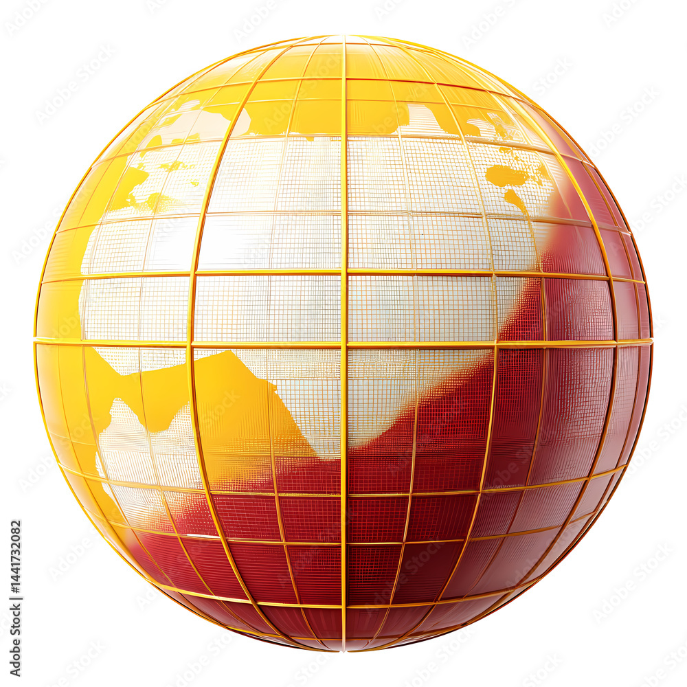 Poster abstract 3d render of a gold and red globe with a world map