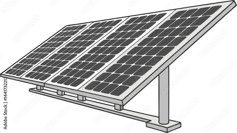 Poster illustration of a solar panel array with multiple panels supported by a metal frame at an angle outd