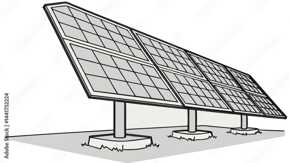 Poster a low angle view of a series of solar panels set up on a gray surface with supports and grass detail