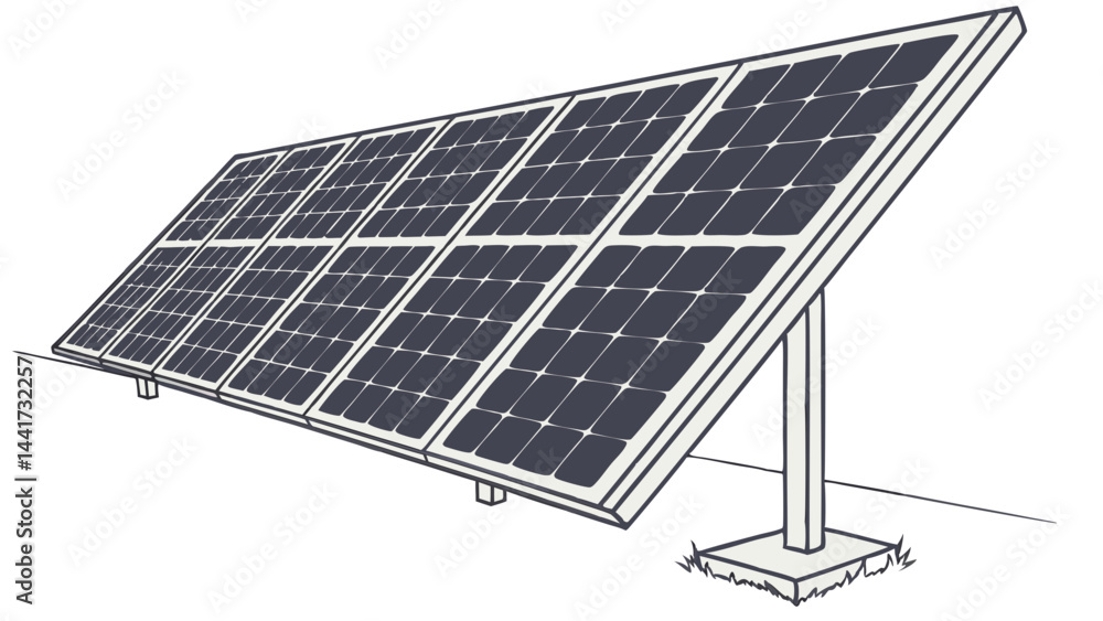 Poster illustration of a solar panel array featuring multiple panels mounted on a frame outdoors on the gro