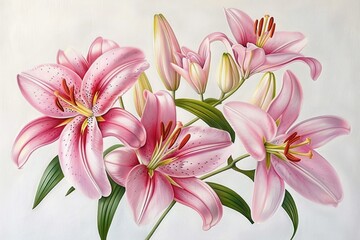 Fototapeta premium blooming cluster of pink lilies with green leaves and unopened buds on a white background evoking freshness and natural beauty