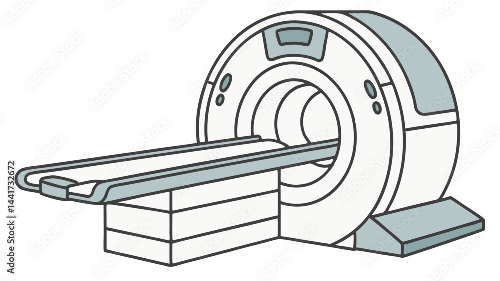 Poster illustration of a ct scanner machine with a patient table extending through the central opening of i