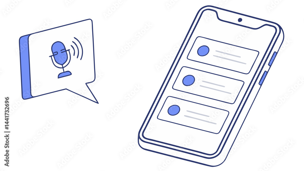 Poster illustration of a smartphone displaying message bubbles next to a speech bubble with microphone icon