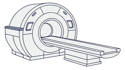 A detailed illustration of an mri machine with a patient table extending from the circular opening present
