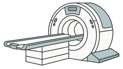 Illustration of a ct scanner machine with a patient table extending through the central opening of it