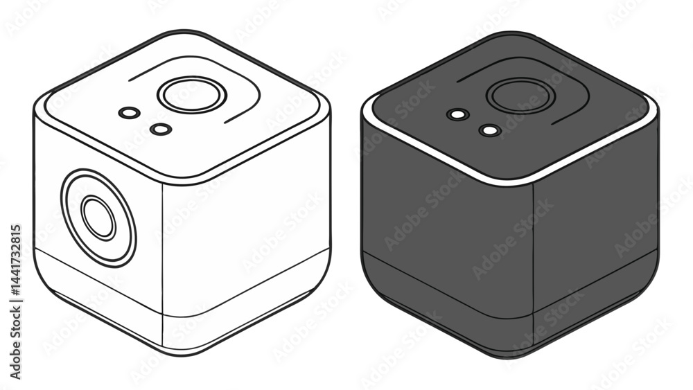Poster isometric view of two cube shaped devices one in white outline and the other in dark gray solid fill