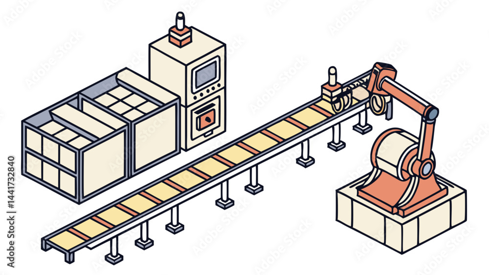 Poster isometric view of a production line with conveyor belt robotic arm and control panel in a factory se