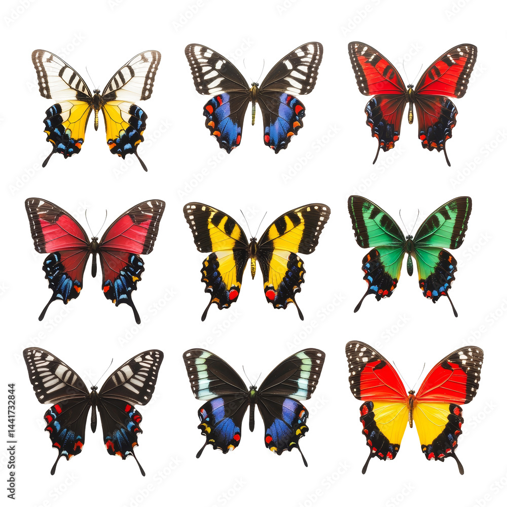 Poster a vibrant display of colorful butterflies arranged on a transparent background showcasing their intr