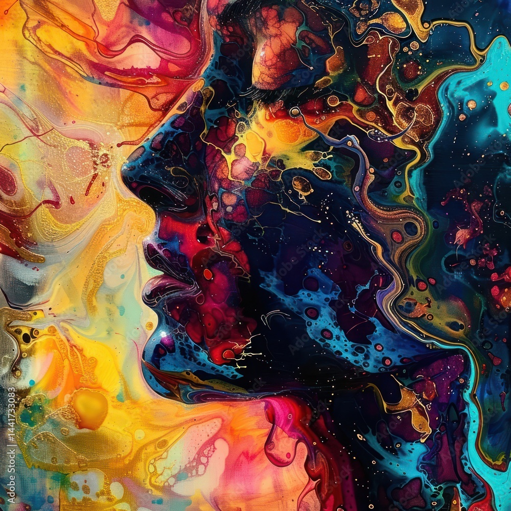 Poster vivid abstract portrait side profile of a face blending with fluid colorful swirling patterns in war