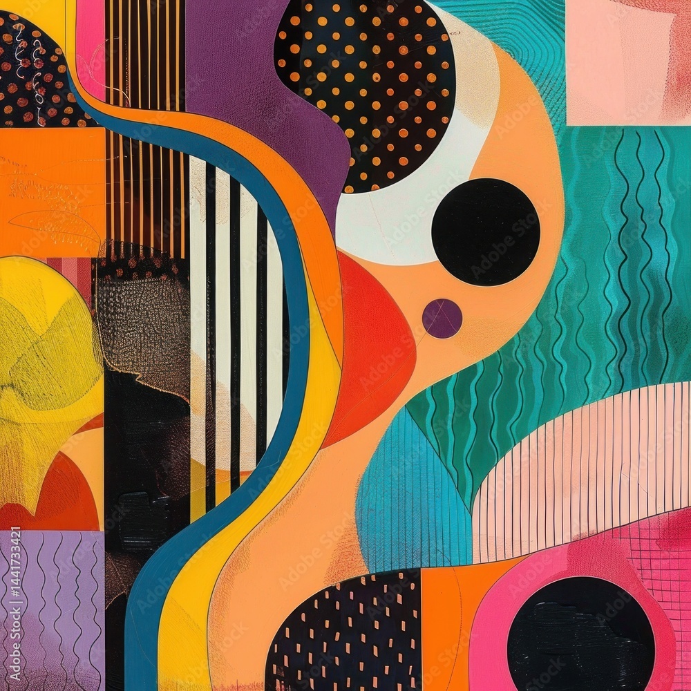 Poster abstract geometric composition with curved lines and shapes in vibrant colors including orange, teal
