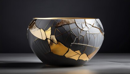 Grey and Gold Cracked Ceramic Vase