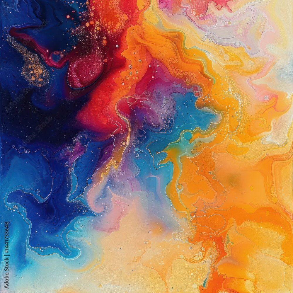 Poster vivid abstract fluid art with swirling patterns of deep blue, bright orange, red, purple, and yellow