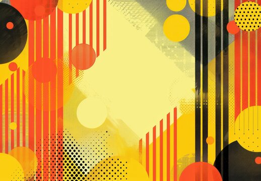 Abstract geometric composition with red, yellow, orange, and black circles and vertical stripes conveying dynamic energy and modern vibrancy