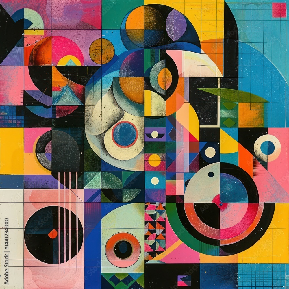 Poster colorful abstract geometric composition with overlapping circles, squares, and rectangles in vibrant