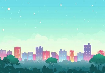 Fototapeta premium colorful city skyline with tall buildings behind dense green trees under a dreamy sky with stars and soft clouds conveying calm and peaceful atmosphere