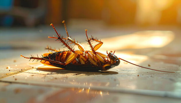 A dead cockroach lying on its back on a tiled floor, dramatic lighting, concept of powerful insecticide effect
