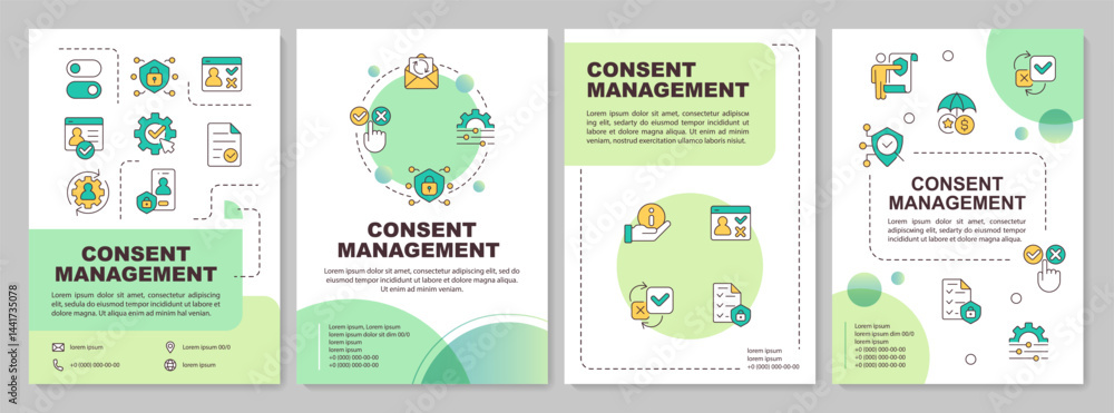 Poster consent management green circle brochure layout. system allowing to determine user data. leaflet adv
