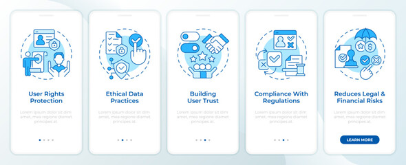 Benefits of consent management blue onboarding mobile app screen. Walkthrough 5 steps editable graphic instructions with linear concepts. UI, UX, GUI. Montserrat SemiBold, Regular fonts used