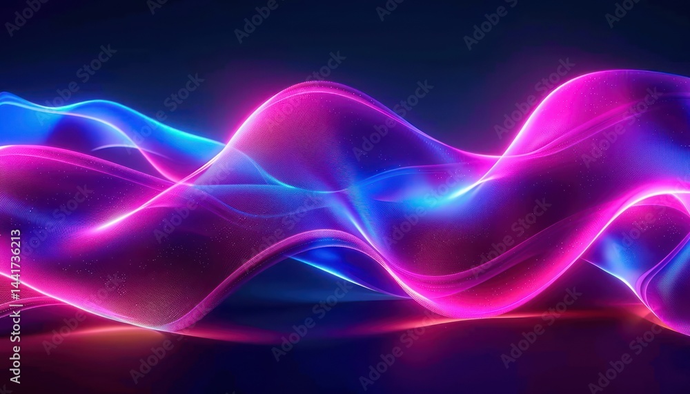 Poster abstract glowing waves of vibrant pink and blue light flowing smoothly over a dark background, creat