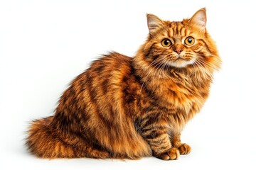 Obraz premium Siberian cat in full-body pose sitting on white background, fluffy domestic feline with thick fur and calm expression, isolated for pet-themed designs