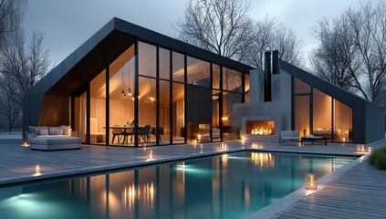Fototapeta premium Modern glass house with outdoor pool, cozy lighting, and sleek architecture set in a tranquil, wooded environment at dusk.