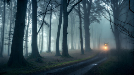 Fototapeta premium Eerie Encounter in the Foggy Forest A Haunting Presence on the Road