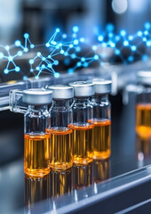 Pharmaceutical production process laboratory setting image of vials high-tech environment close-up view innovation in medicine