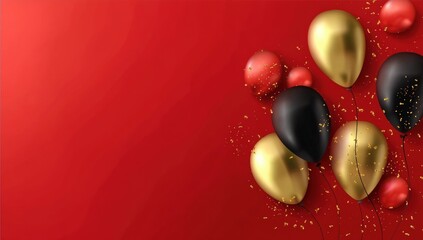 Red background with gold, black, and red balloons and confetti, creating a festive and celebratory atmosphere.