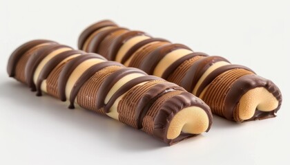 Two cream-filled chocolate wafer sticks coated in milk and white chocolate with a smooth and textured surface on a clean white background