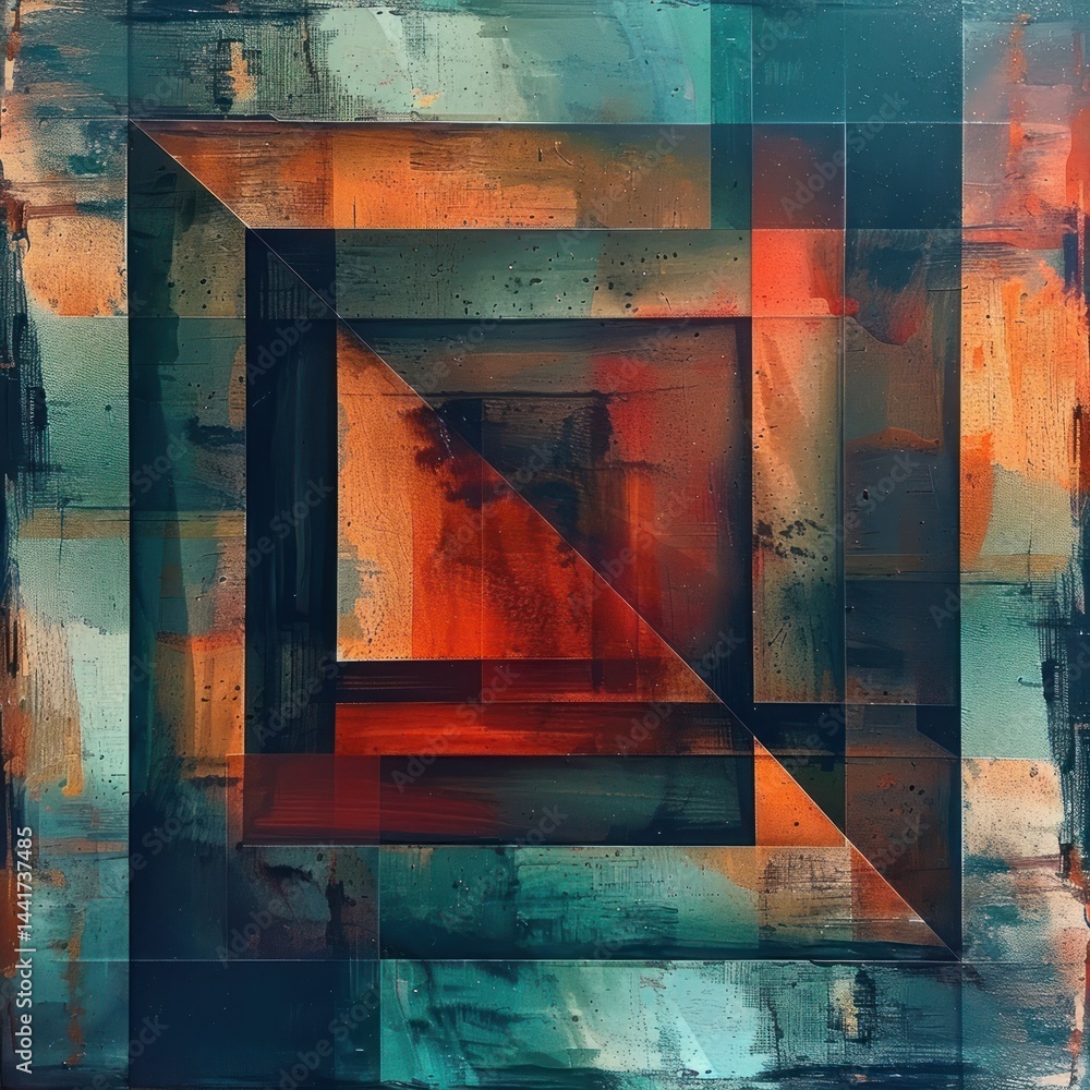 Poster abstract geometric composition featuring layered rectangles and a diagonal line with a mix of warm o