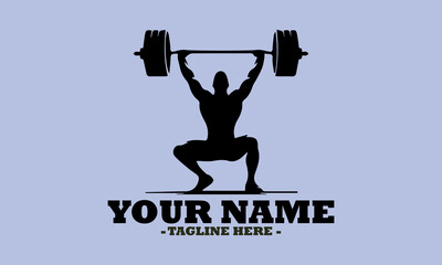 A weight lifting muscle man or bodybuilder weightlifting weights, vector illustrator and one weightlifter lifting a barbell isolated on logo background