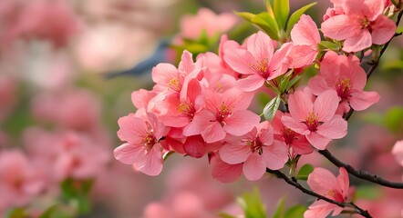 Fototapeta premium close-up of the beautiful spring flowers in full bloom, with pink and red blossoms and green leaves, creating an enchanting scene