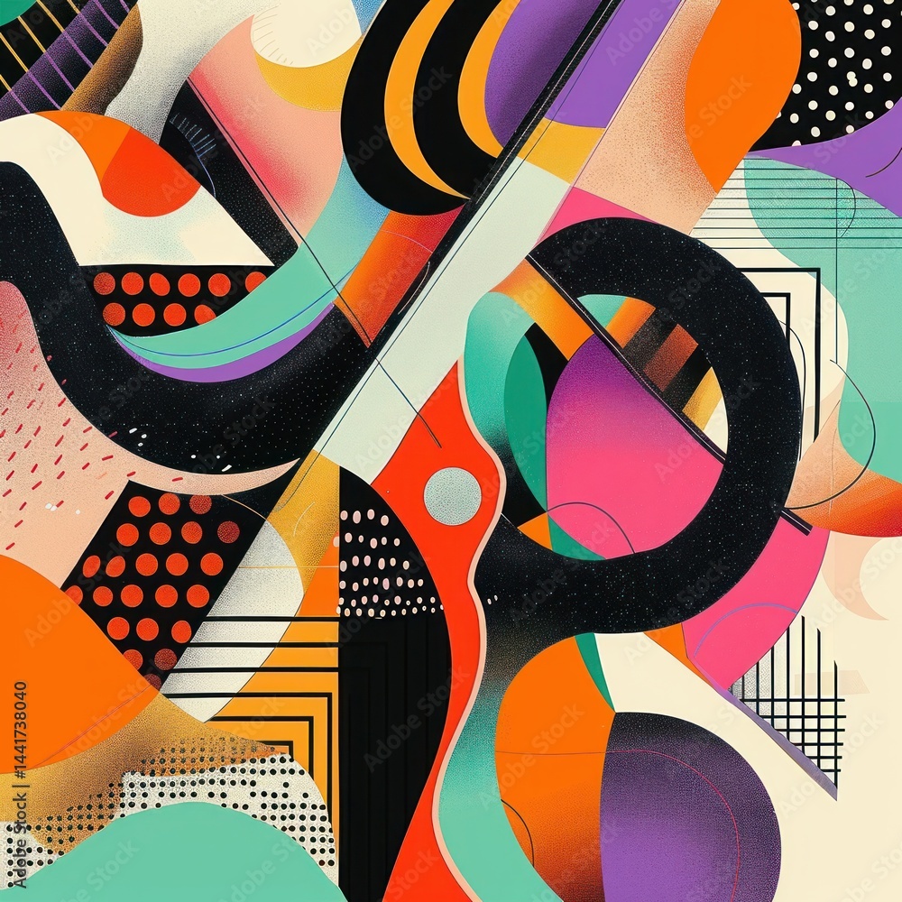 Poster dynamic abstract composition with vibrant geometric shapes and curved lines evoking energy and movem