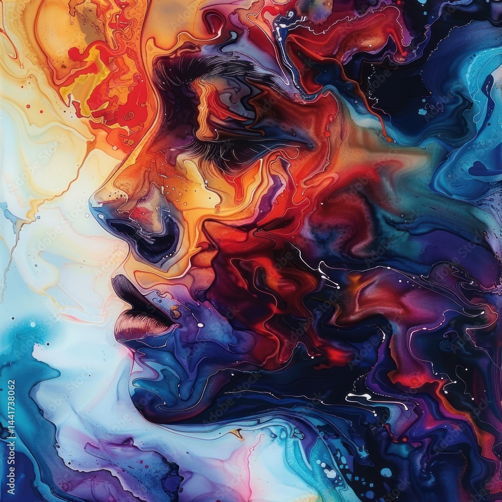 Poster abstract vibrant painting of a human face with swirling multicolored patterns blending warm oranges,