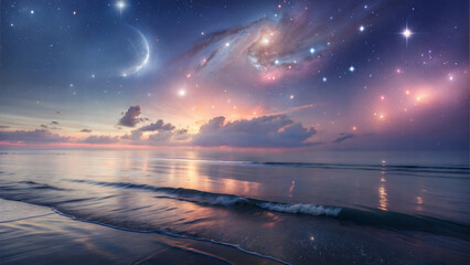 Enchanting beach at night with celestial elements, a cosmic seascape fantasy