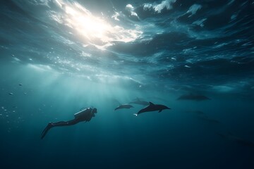 Fototapeta premium A scuba diver floating alongside playful dolphins near the surface, dynamic yet peaceful moment with tropical light.