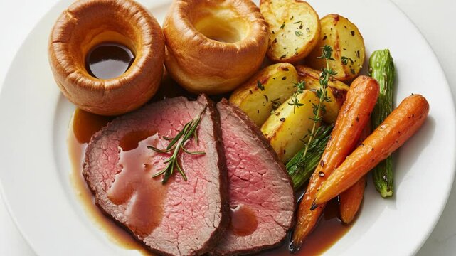 Delicious Sunday Roast with Beef, Yorkshire Pudding & Roasted Vegetables