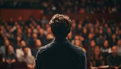 A man stands in front of a crowd of people, looking out at them