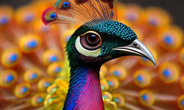 Vibrant peacock displaying its colorful plumage in a lush garden setting with blurred background