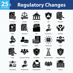 Regulatory Changes is a collection of icons in sheet format illustrating international regulations, industry compliance, and oversight across sectors like health, energy, and technology.	
