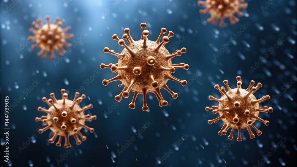 Poster pm2.5 particles. microscopic view of virus particles in a dark, watery environment, highlighting the